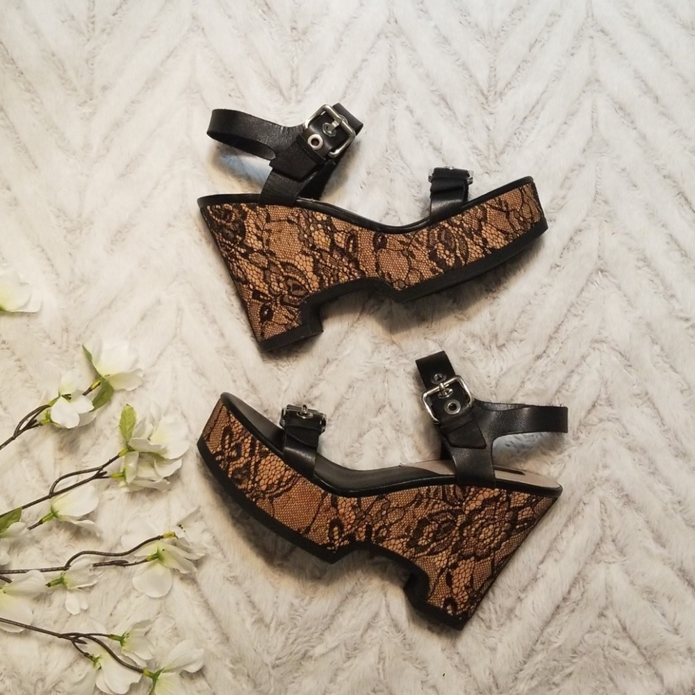 ZARA Black Lace Platform Wedge Sandals